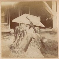 Model boat keel, folded umbrella, boot and tree stump